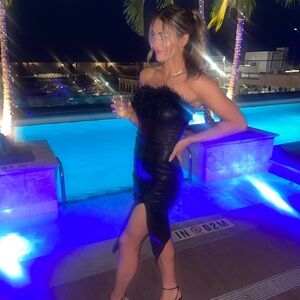 Strapless Faux Leather Feather Dress – Black – Size M